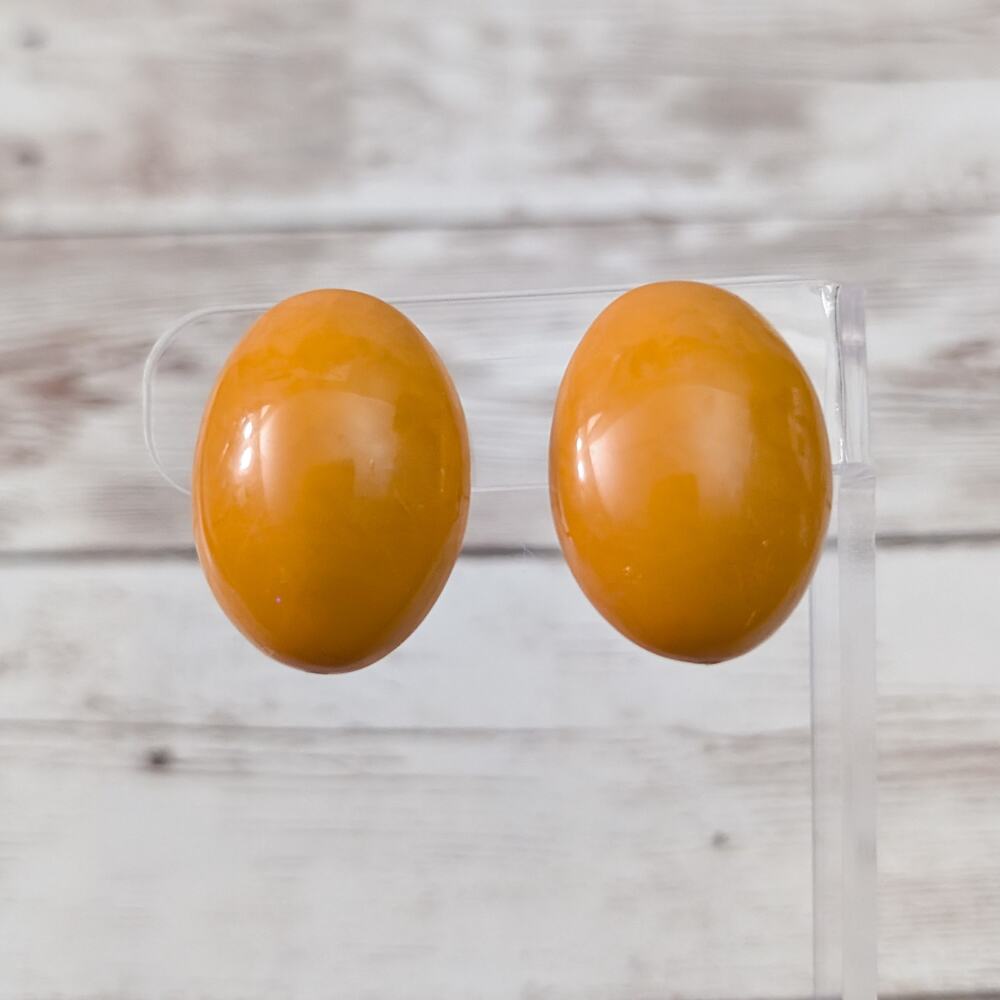 Vintage Clip On Earrings Dark Mustard Tone Retro Domed Oval Large Statement